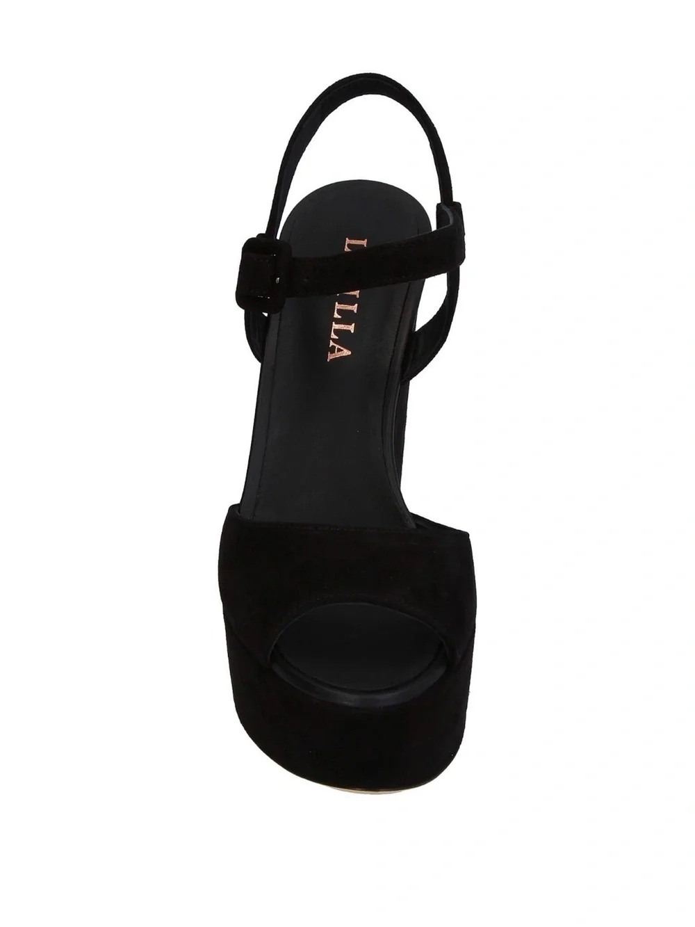 L Silla Black Suede Platform Block Heel Sandals, Size 8